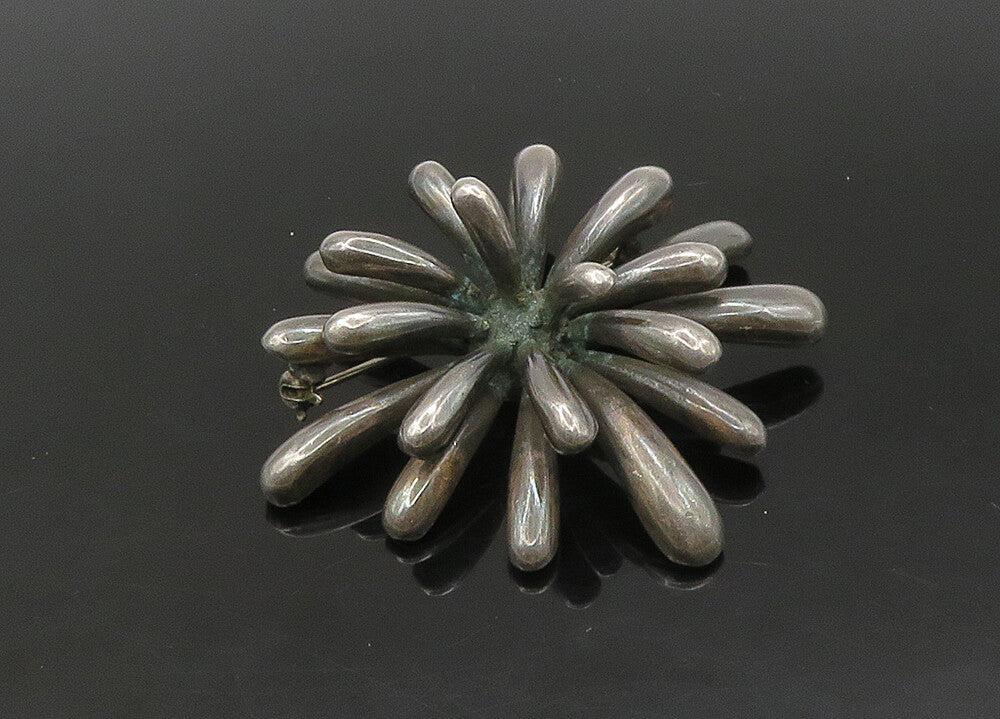 925 Sterling Silver  Vintage Dark Tone Shiny Flower Motif Brooch Pin  BP8950