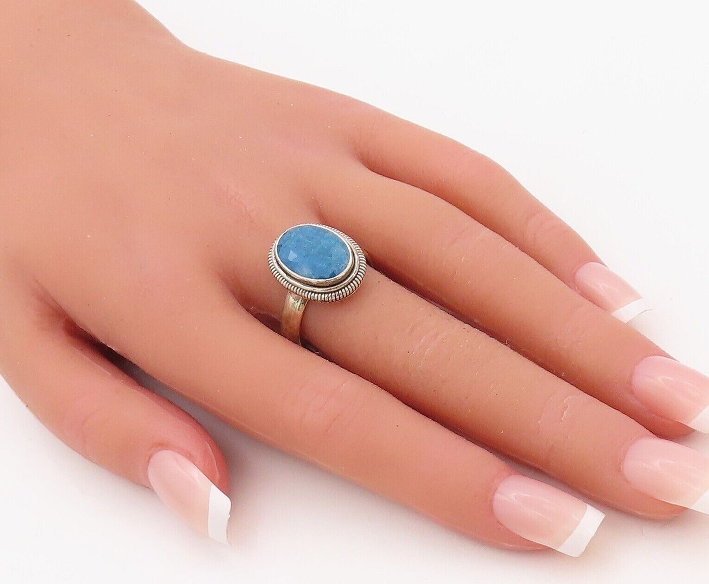 925 Sterling Silver Vintage Ring Oval Blue Gemstone Rope Carved  Sz 9.5  RG30289