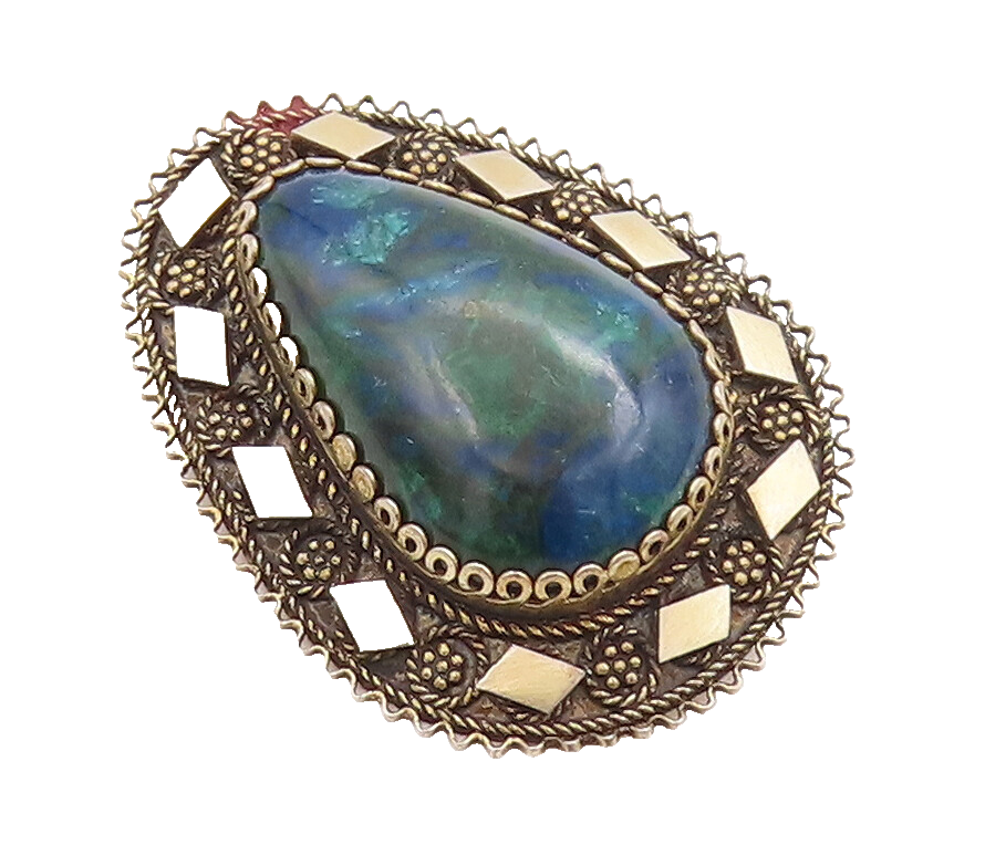 ISRAEL 925 Silver  Vintage Teardrop Azurite Halo Beaded Brooch Pin  BP10511