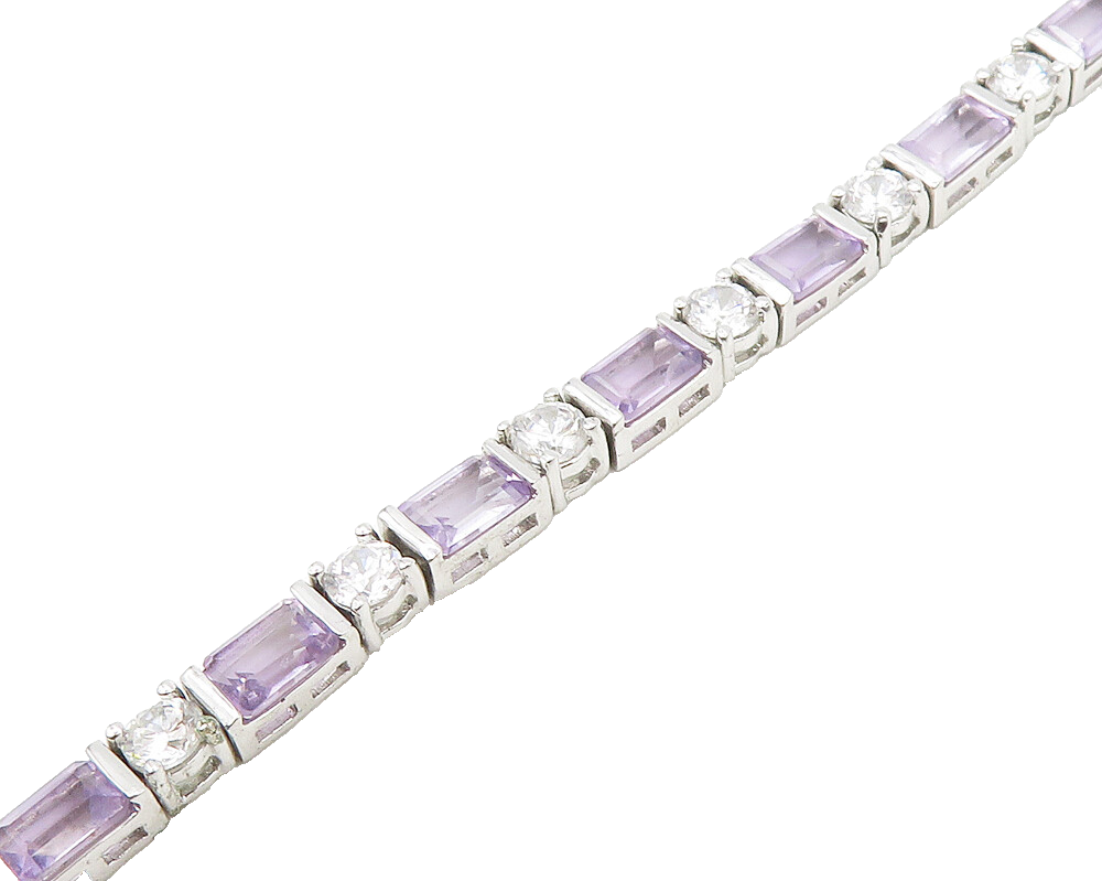 925 Sterling Silver  Shiny Cubic Zirconia & Amethyst Chain Bracelet  BT7008
