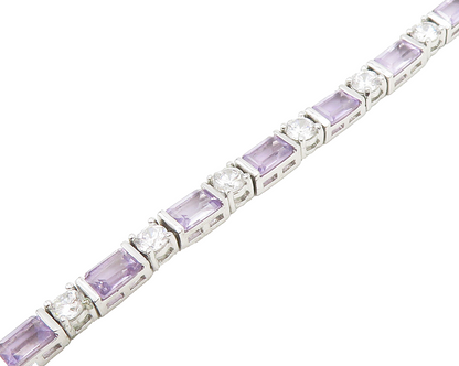 925 Sterling Silver  Shiny Cubic Zirconia & Amethyst Chain Bracelet  BT7008