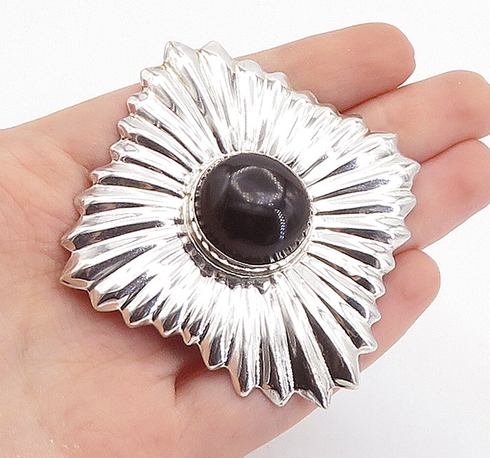 MEXICO 925 Sterling Silver  Vintage Black Onyx Shiny Fluted Brooch Pin  BP2617