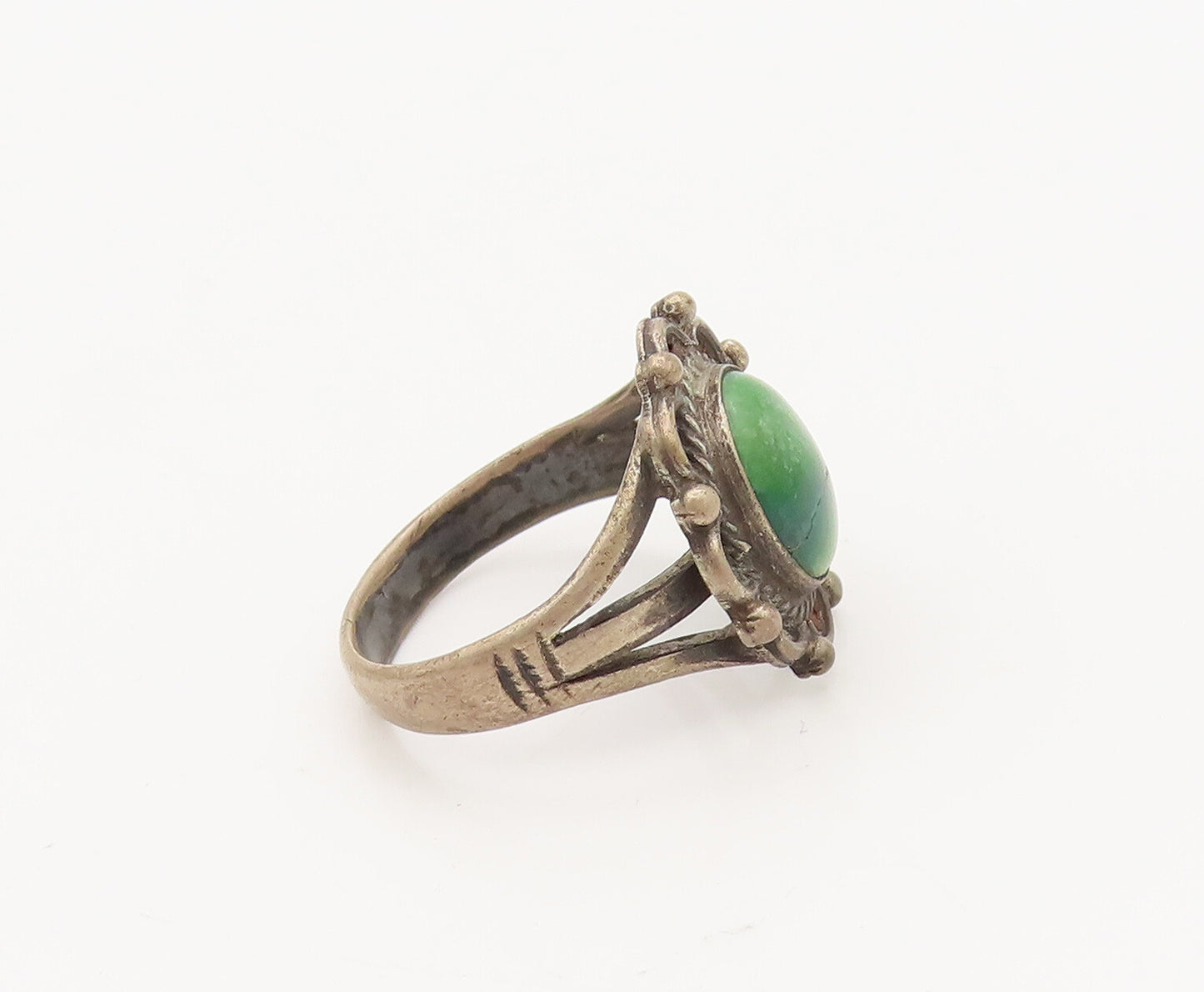 925 Silver  Vintage Turquoise Beaded Carved Flower Ring Sz 7.5  RG27227