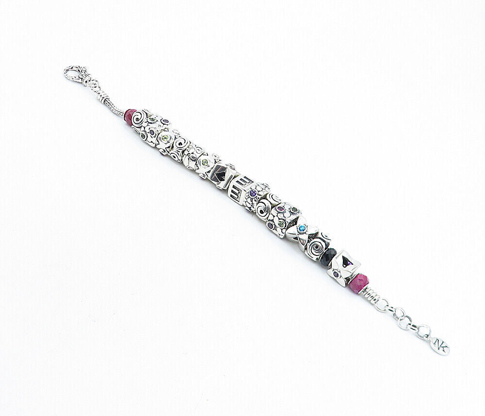 925 Sterling Silver & 18K GOLD Vintage Multi Gemstone Chain Bracelet BT3014