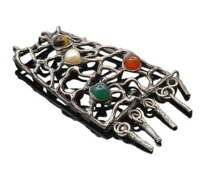925 Silver  Vintage Modernist Pearl Carnelian & Tiger's Eye Pendant  PT7082