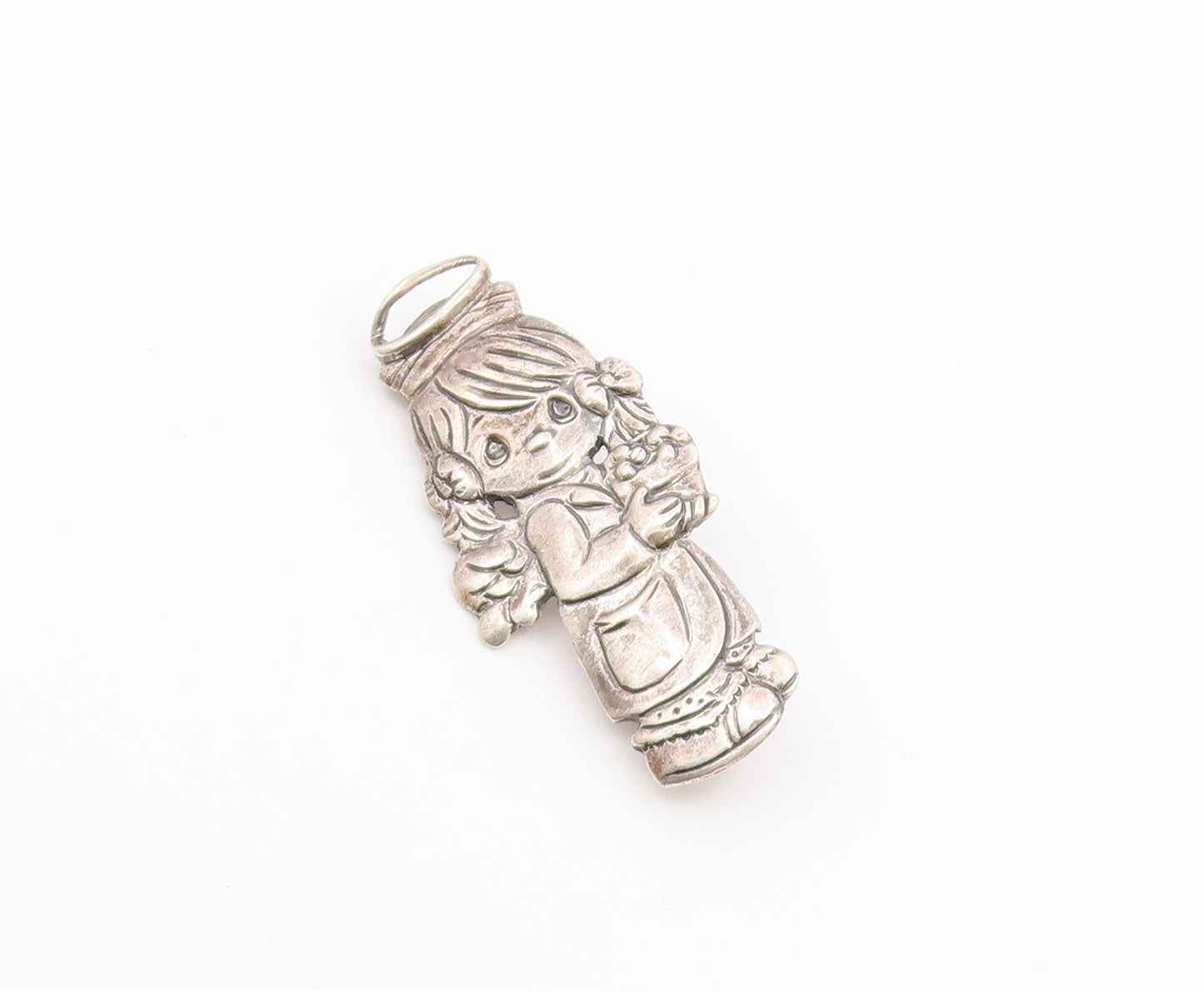 925 Sterling Silver  Vintage Little Girl Angel With Flowers Brooch Pin  BP8589