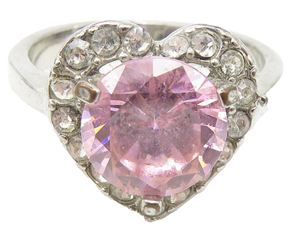 925 Sterling Silver  Pink Cubic Zirconia Heart Cocktail Ring Sz 6.25  RG10964