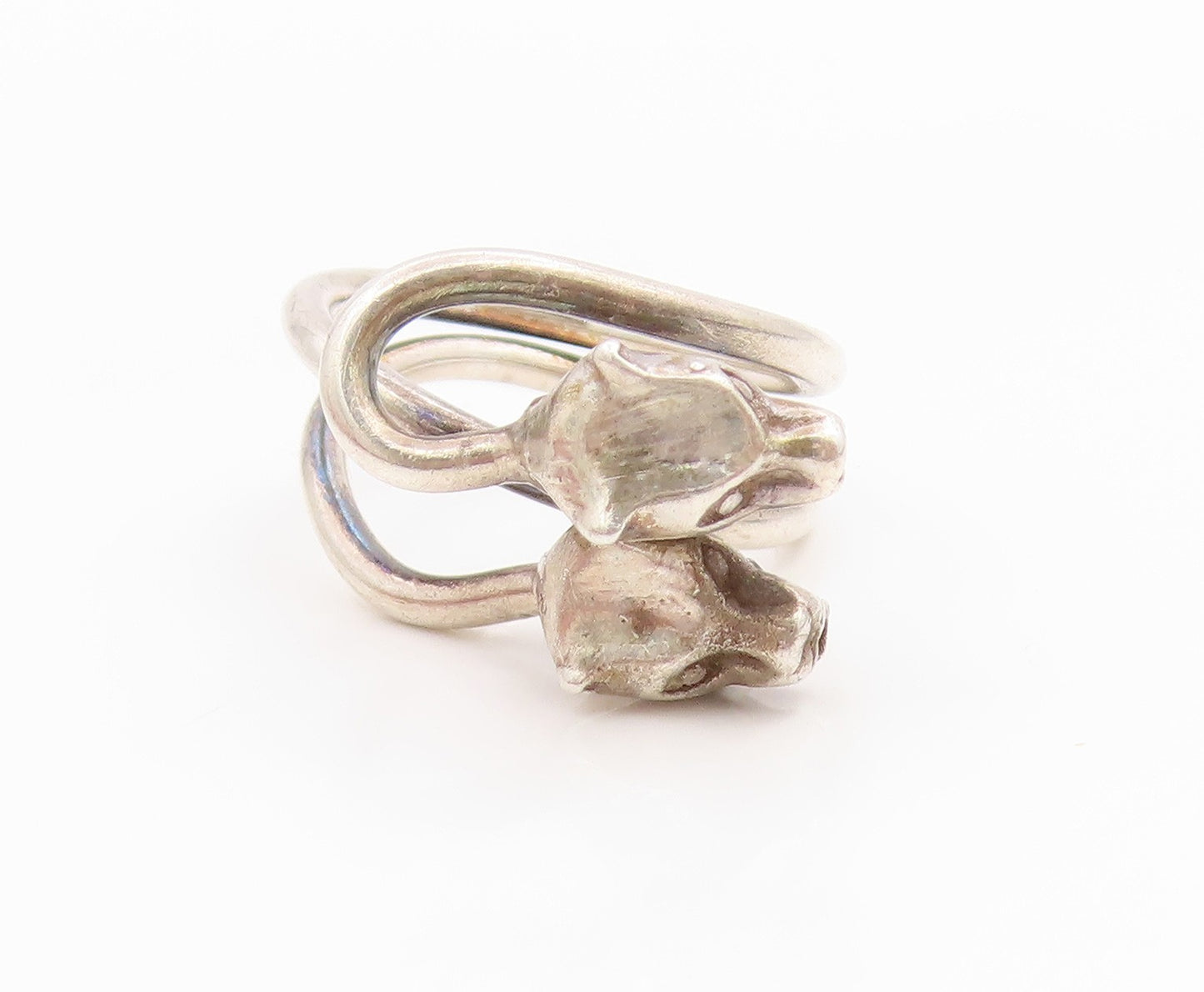 925 Sterling Silver Vintage Ring Modernist Siamese Cats Motif  Sz 7  RG35591