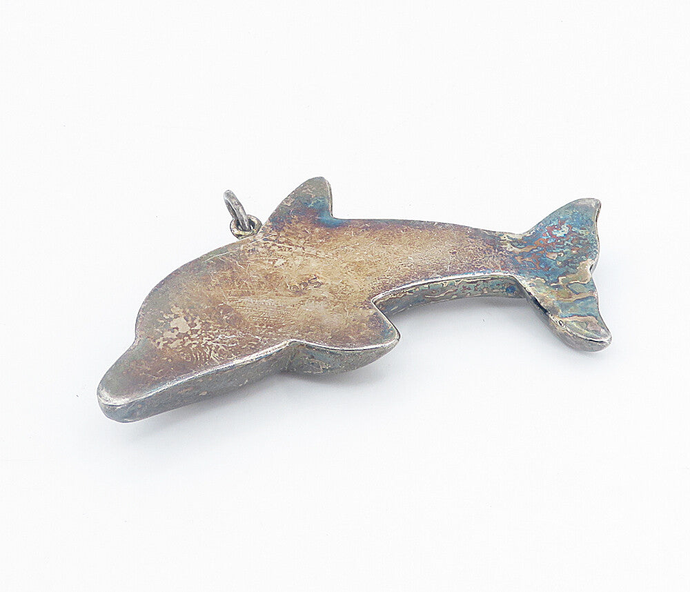 925 Sterling Silver  Vintage Dark Tone Hollow Leaping Dolphin Pendant  PT6177