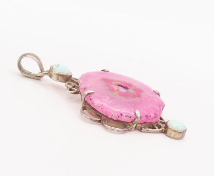 925 Sterling Silver Vintage Pendant Cabochon Solar Quartz & Fire Opal  PT22749