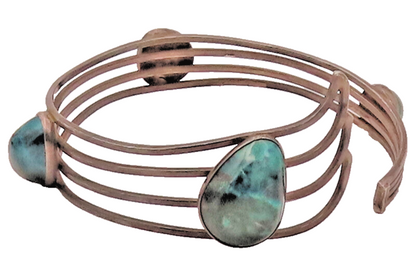 ISRAEL 925 Sterling Silver Vintage Modernist Malachite Cuff Bracelet  BT9848