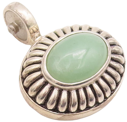 925 Sterling Silver Vintage Pendant ESPO Domed Oval Green Agate Etched  PT23252