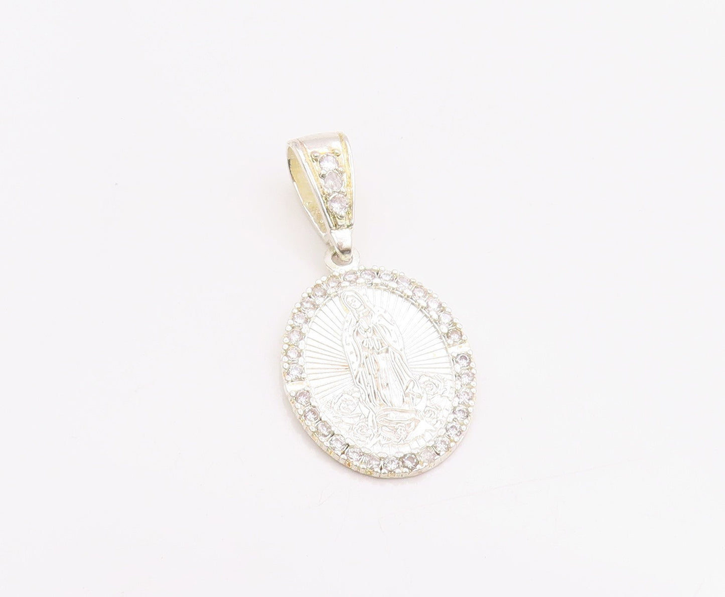925 Sterling Silver Vintage Pendant CZ Virgin Mary Religious Medallion  PT24915