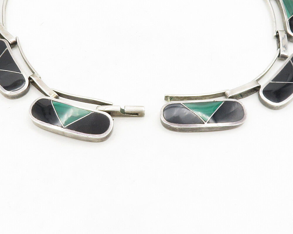 MEXICO 925 Sterling Silver Vintage Inlaid Gemstone Heavy Chain Necklace  NE3178