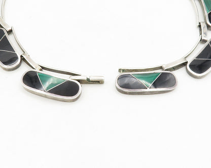 MEXICO 925 Sterling Silver Vintage Inlaid Gemstone Heavy Chain Necklace  NE3178