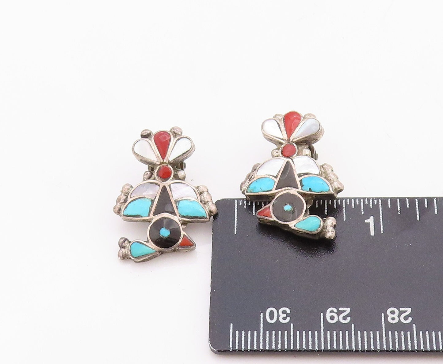 925 Sterling Silver Vintage Earrings ZUNI NAVAJO Gemstone Inlay Bird  EG13241