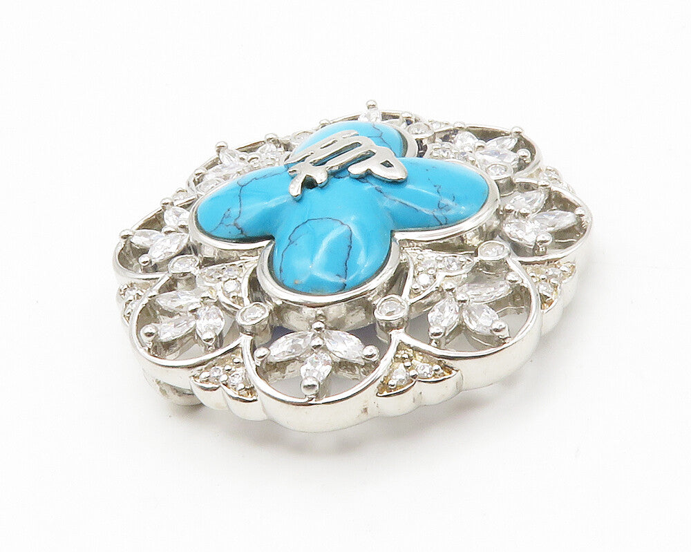 925 Sterling Silver  Vintage Shiny Cubic Zirconia & Turquoise Pendant  PT11053