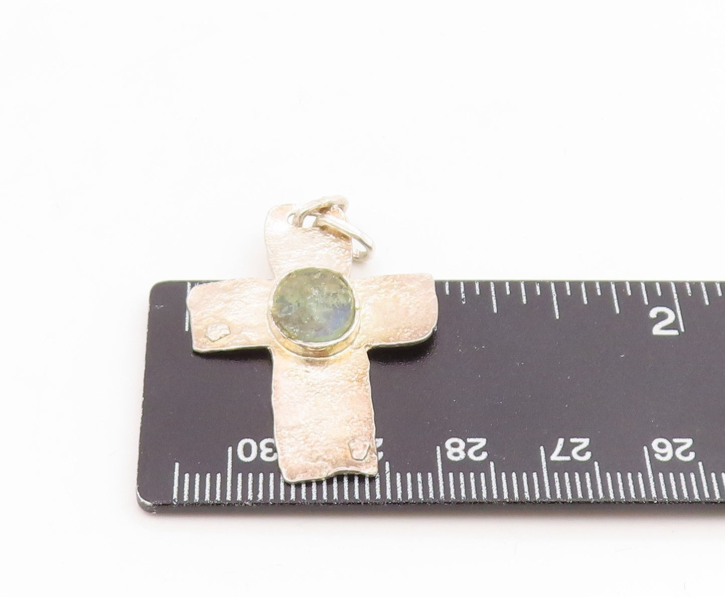 925 Sterling Silver Vintage Pendant ISRAEL Roman Glass Religious Cross  PT25903