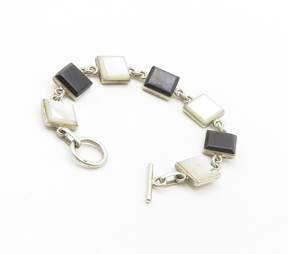 925 Sterling Silver Vintage Mother Of Pearl & Black Onyx Chain Bracelet BT6267