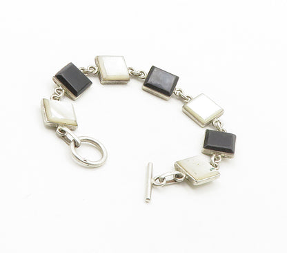 925 Sterling Silver Vintage Mother Of Pearl & Black Onyx Chain Bracelet BT6267
