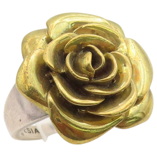 925 Sterling Silver Vintage Ring Two Tone Carved Floral Rose Band  Sz 7  RG36713