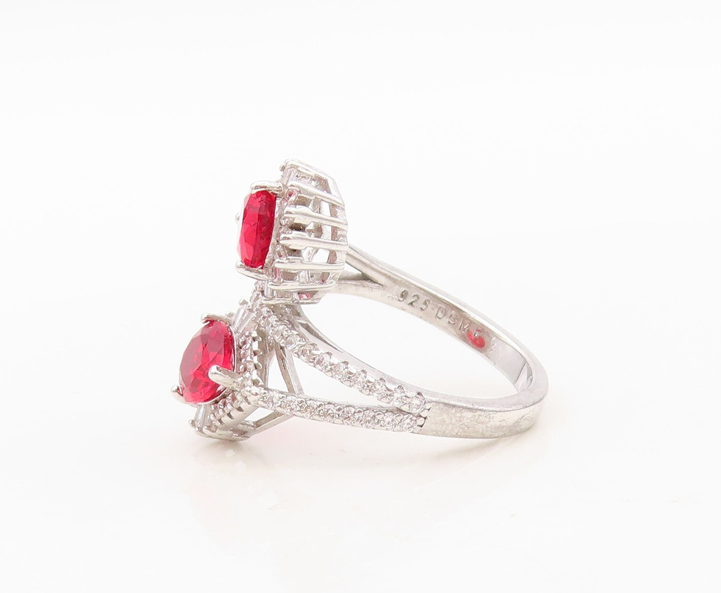 925 Sterling Silver Vintage Ring Designer Red & White CZ Bypass  Sz 6  RG30378