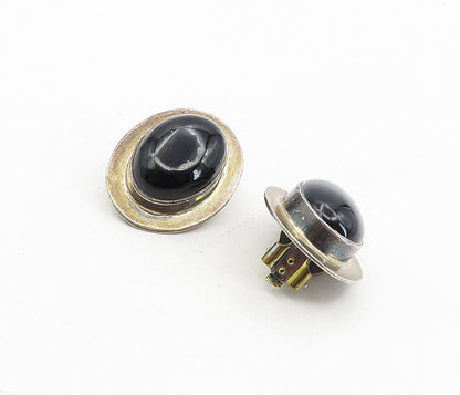 MEXICO 925 Silver  Vintage Cabochon Cut Black Onyx Non Pierce Earrings  EG4592