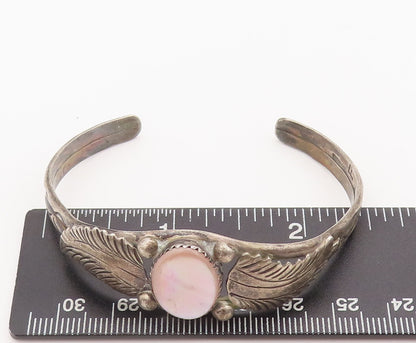 925 Sterling Silver Vintage Bracelet NAVAJO Carved Mother Of Pearl Cuff BT10304