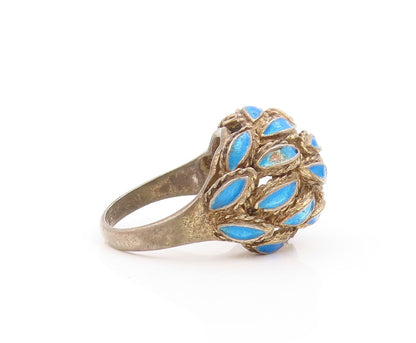 925 Sterling Silver Vintage Ring ESPO Domed Enameled Cutout Leaves Sz 8  RG31757