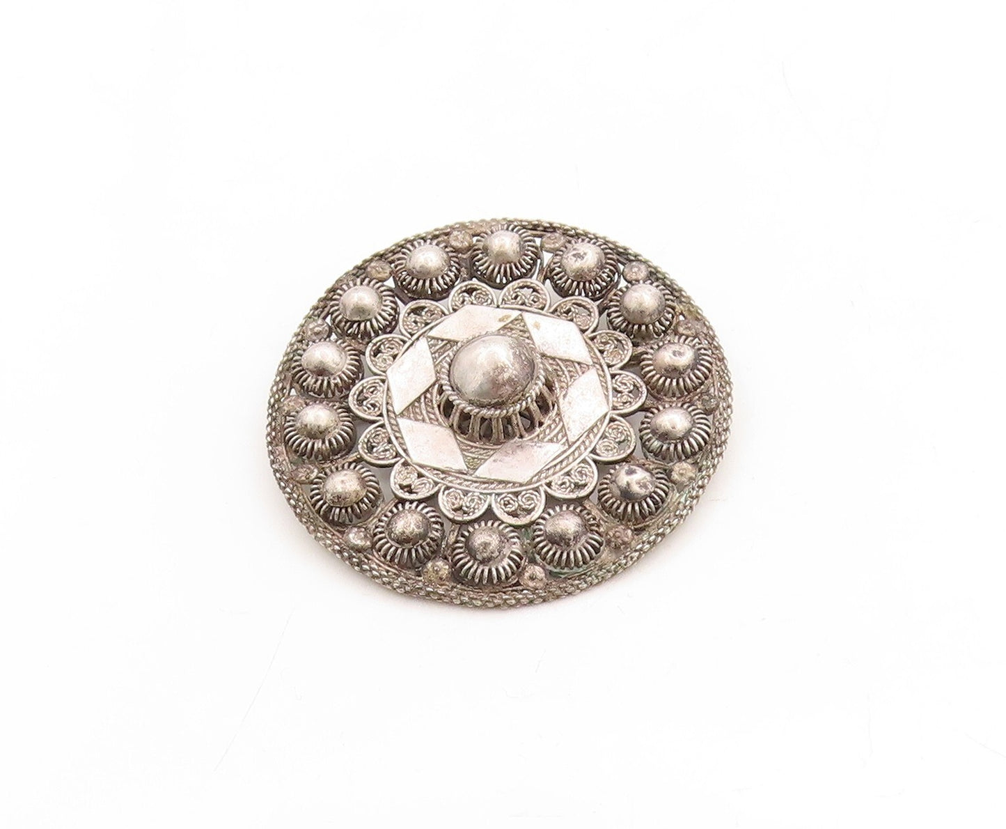925 Sterling Silver Vintage Brooch Pin Dark Tone Domed Filigree Flower  BP11343