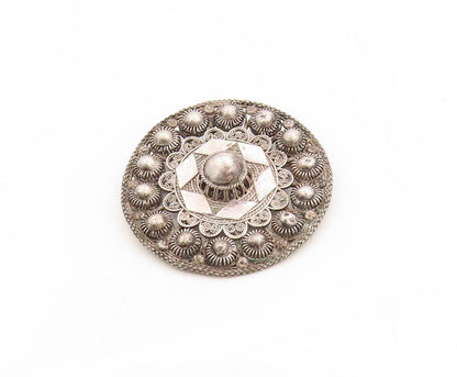 925 Sterling Silver Vintage Brooch Pin Dark Tone Domed Filigree Flower  BP11343