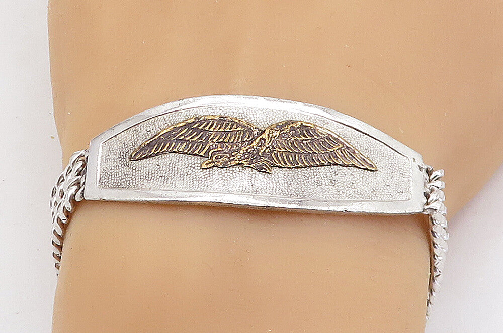 925 Sterling Silver  Vintage Two Tone Eagle Curb Link Chain Bracelet  BT2225
