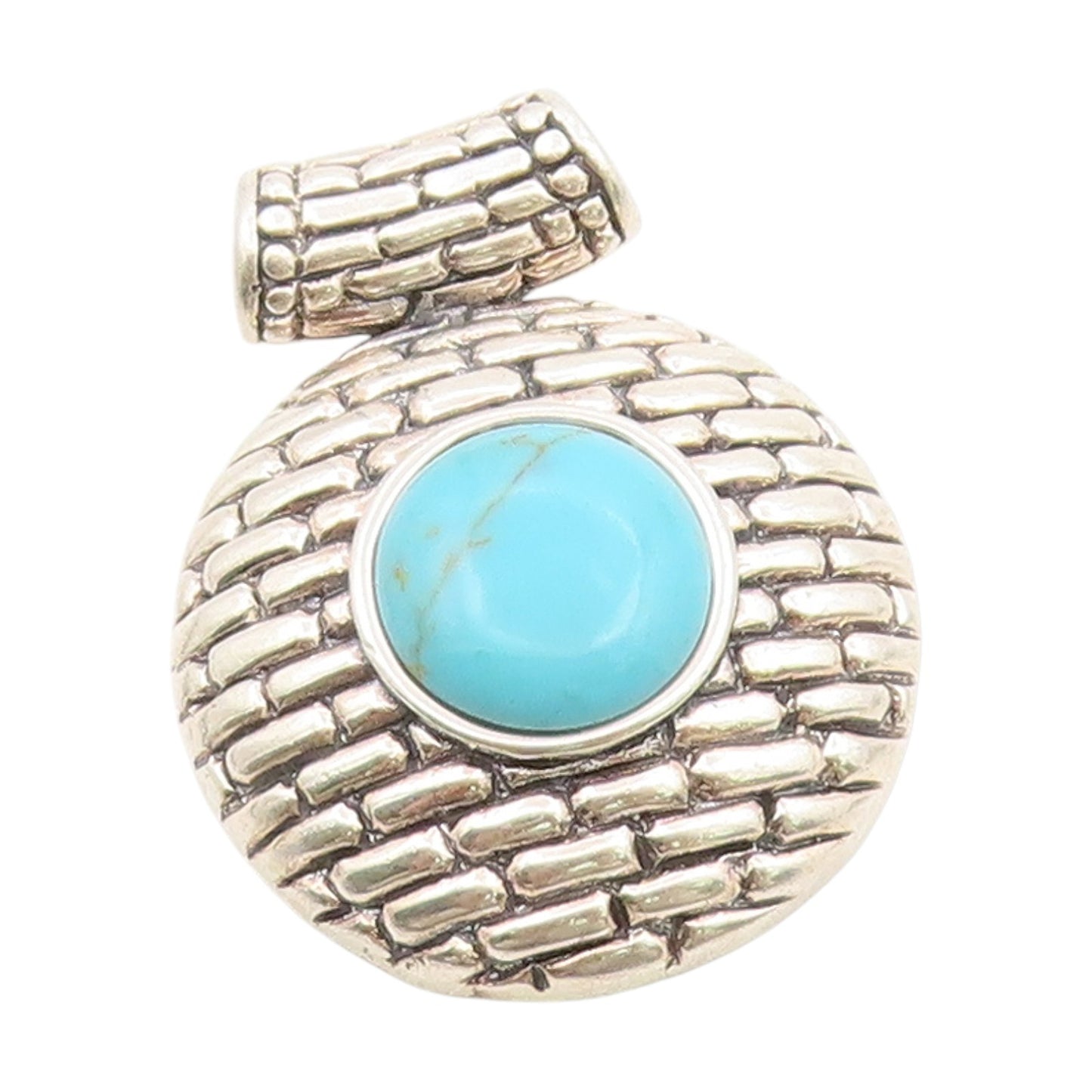 925 Sterling Silver Vintage Pendant Round Turquoise Brick Line Design  PT25826