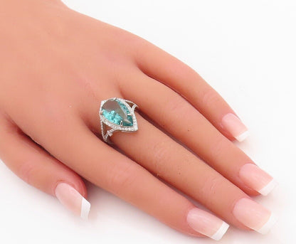 925 Sterling Silver Vintage Ring Designer Drop Cut Aquamarine & CZ Sz 7  RG30028
