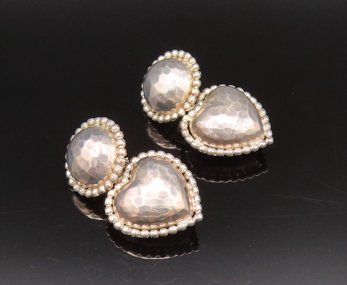 925 Sterling Silver  Vintage Hammered Bead Ball & Love Heart Earrings  EG12272
