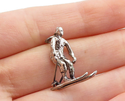 925 Sterling Silver  Vintage Dark Tone Sculpted Skiing Man Pendant  PT4798