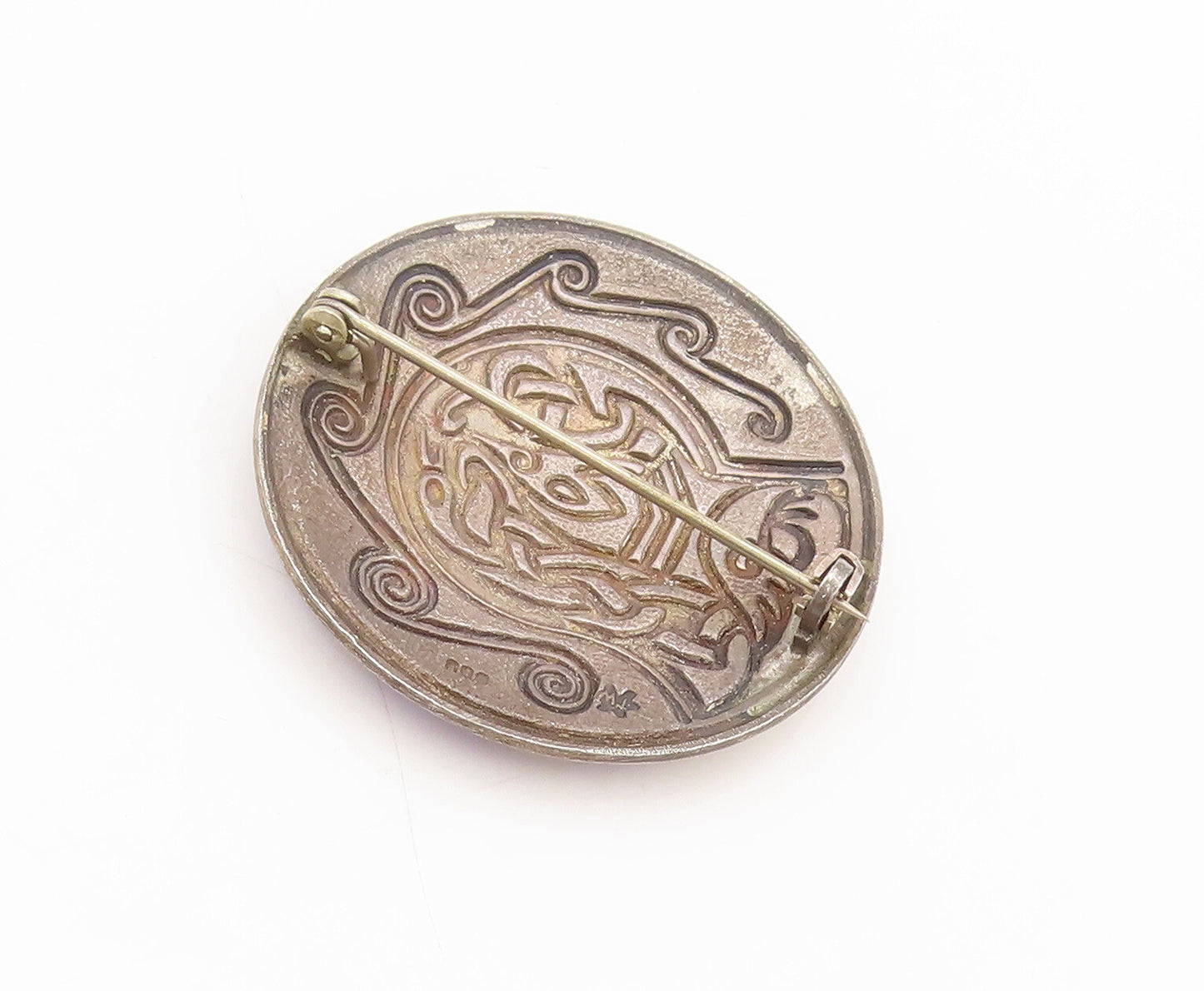 EUROPE 925 Sterling Silver  Vintage Swirly Enameled Round Brooch Pin  BP10463