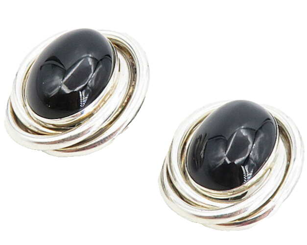 PETER BRAMS 925 Silver  Vintage Black Onyx Shiny Non Pierce Earrings  EG4521