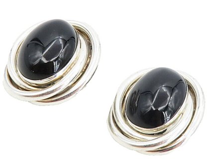 PETER BRAMS 925 Silver  Vintage Black Onyx Shiny Non Pierce Earrings  EG4521