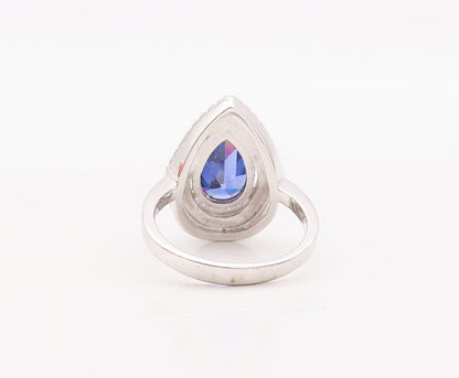 925 Sterling Silver Vintage Ring Drop Cut Sapphire Halo CZ Bands Sz 7 RG29305