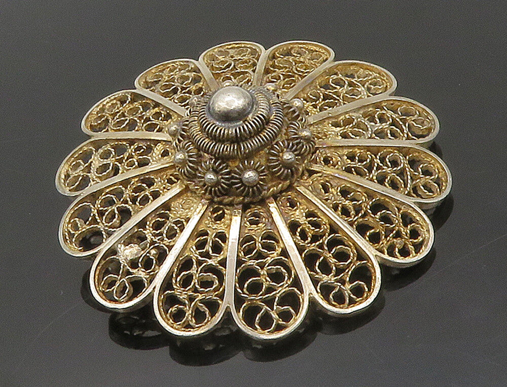 925 Sterling Silver  Vintage Antique Filigree Flower Motif Brooch Pin  BP6205