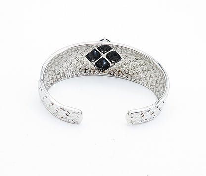 925 Sterling Silver  Black Hematite Flower Patterned Cuff Bracelet  BT2887