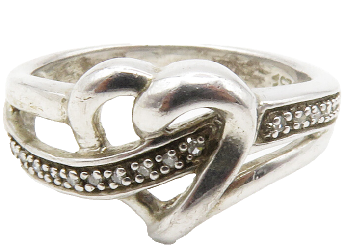 925 Sterling Silver  Genuine Diamonds Shiny Love Heart Band Ring Sz 7  RG14303