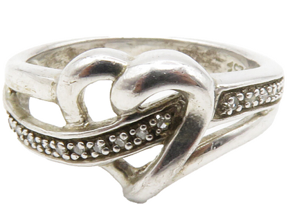 925 Sterling Silver  Genuine Diamonds Shiny Love Heart Band Ring Sz 7  RG14303