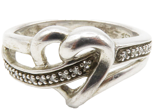 925 Sterling Silver  Genuine Diamonds Shiny Love Heart Band Ring Sz 7  RG14303