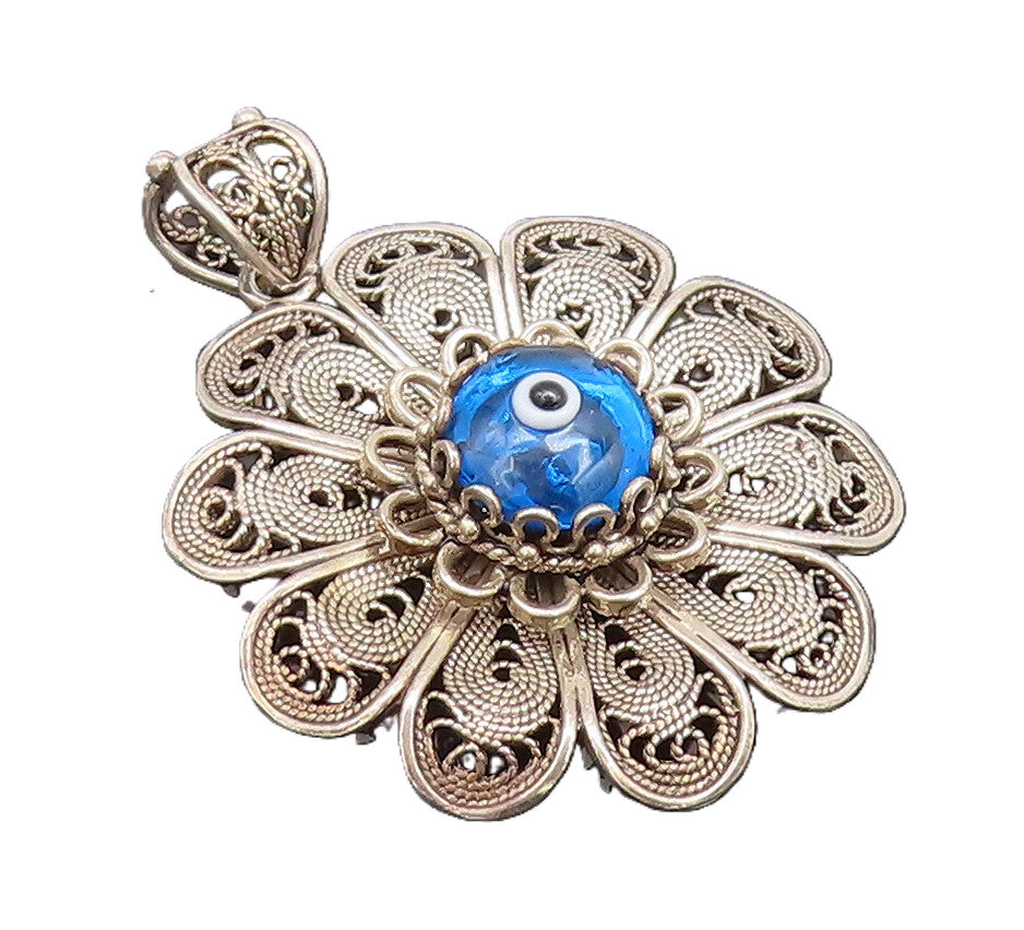 925 Sterling Silver Vintage Pendant Swirly Filigree Work Evil Eye Flower PT22707