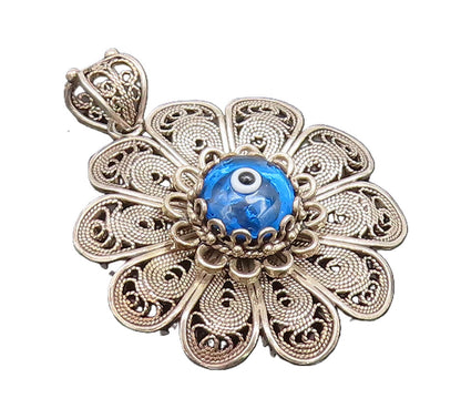 925 Sterling Silver Vintage Pendant Swirly Filigree Work Evil Eye Flower PT22707