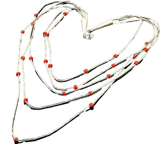 NAVAJO 925 Sterling Silver  Vintage Coral Liquid Silver Chain Necklace  NE3599