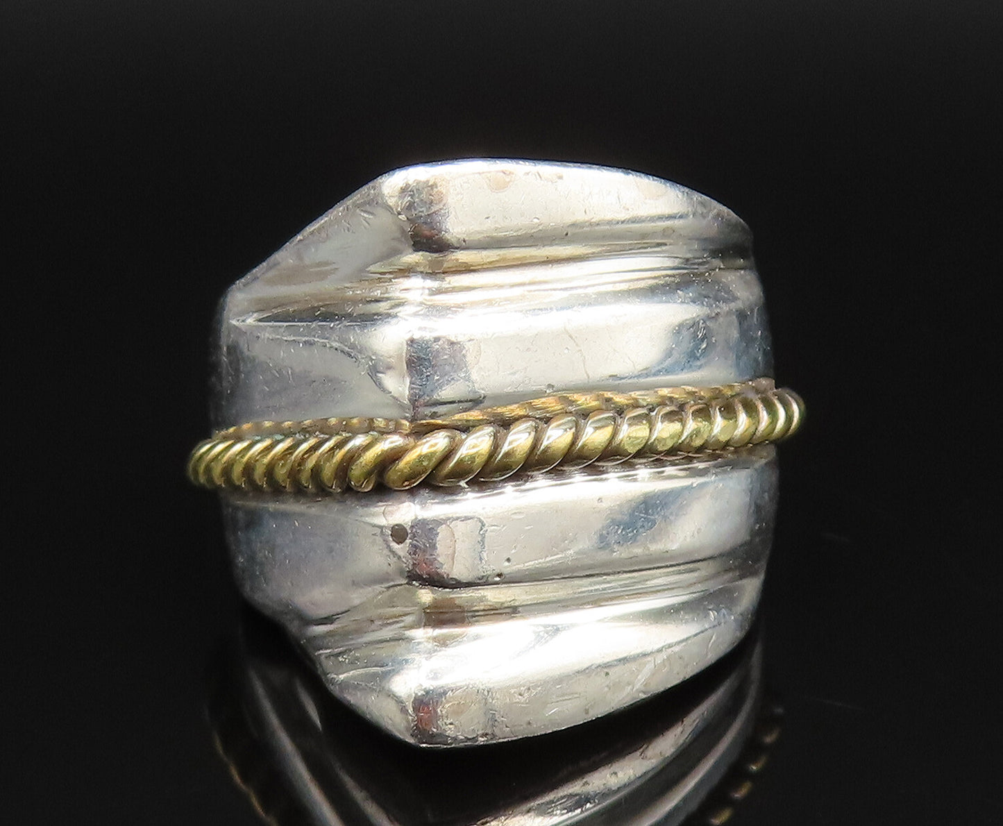 MEXICO 925 Silver  Vintage Two Tone Rope Twist Ribbed Ring Sz 6  RG25459