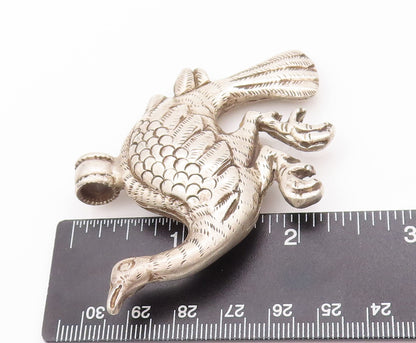 925 Sterling Silver Vintage Pendant Solid Puffed Carved Large Peacock  PT22934